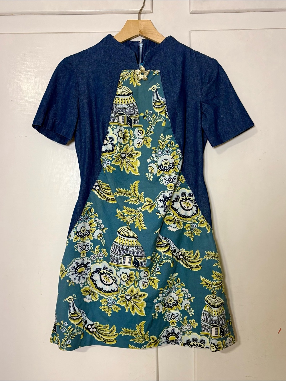 Handmade 70s Style Repro Blue Denim and Peacock Floral Print Mini Dress